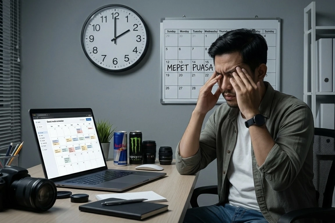 Marketer stres bekerja larut malam pukul 2:00 AM dengan kalender marked 'MEPET PUASA'