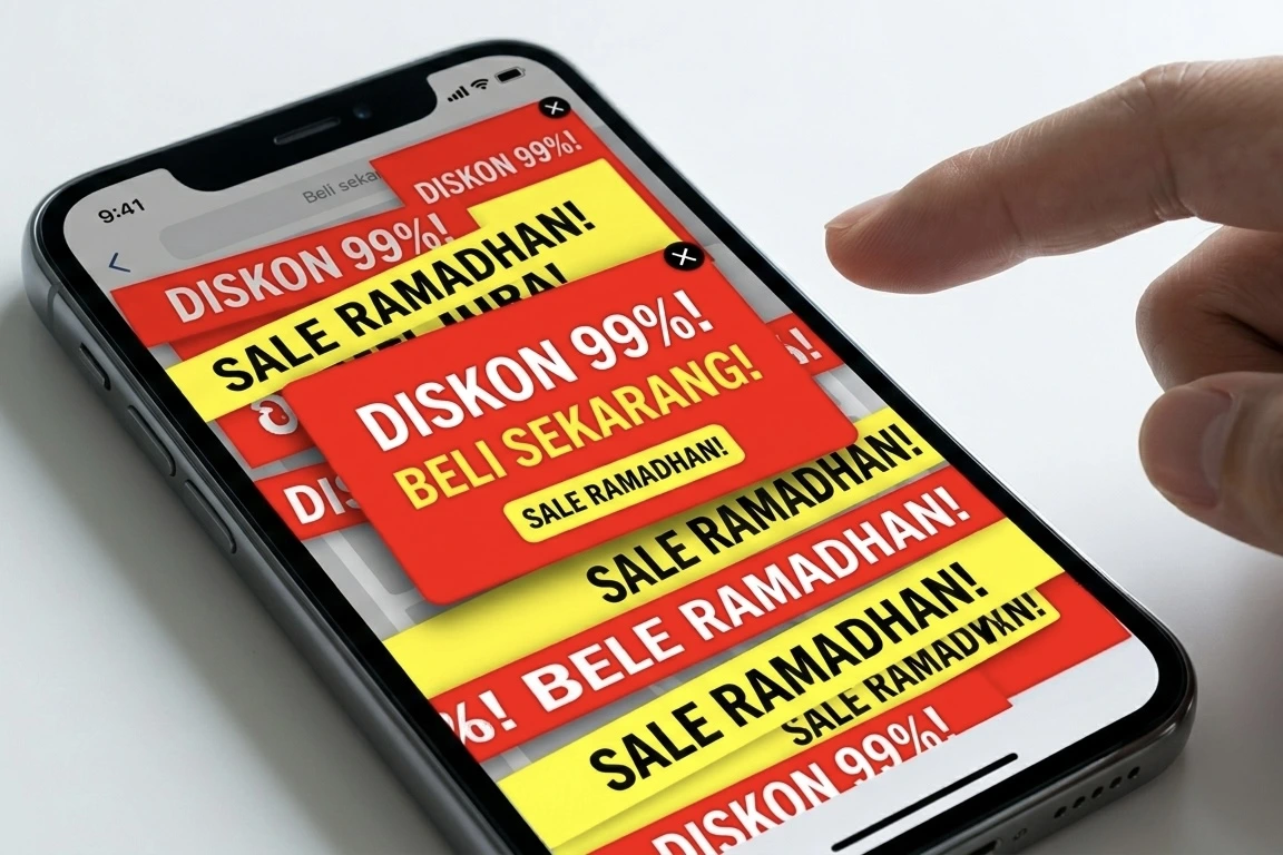 Smartphone screen overwhelmed by chaotic bright red and yellow 'DISKON 99%!' pop-up ads.