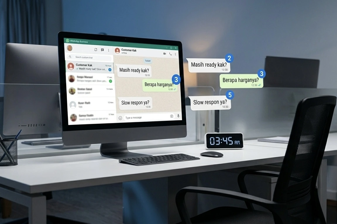 An unread WhatsApp inbox showing multiple 'Masih ready kak?' messages on an empty desk at 03:45 AM.